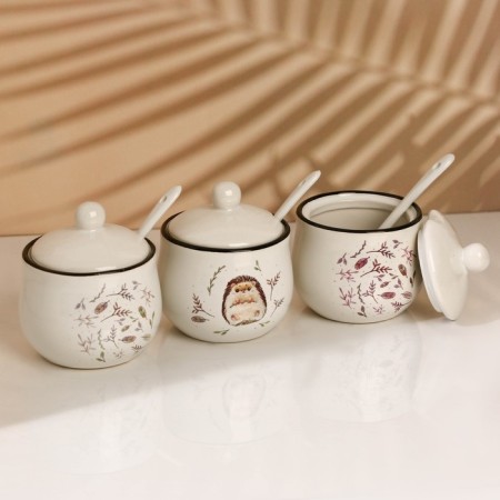 A set of ceramic cans for spices on a hedgehog metal stand, 200 ml, 3 pcs, white color-5