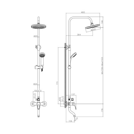 Decoroom DR21071 bath mixer, single -leaf, pour 116 mm, shower set, chrome-1