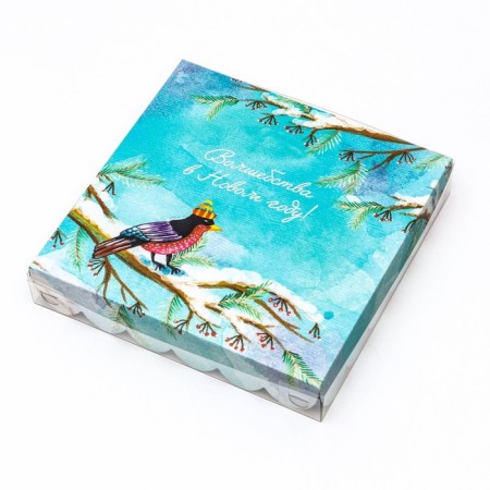 Cookie box, confectionery packaging, "bullfinch", 18 x 18 x 3 cm, new year-1