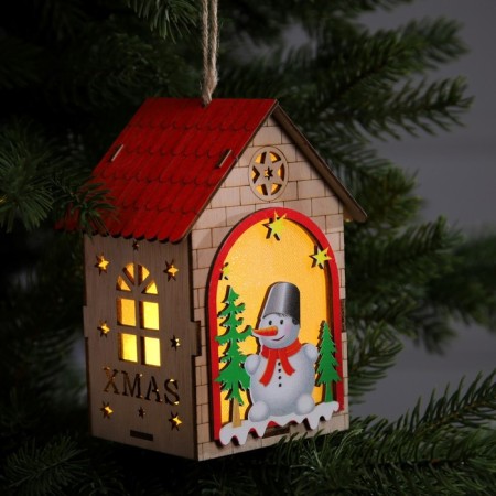 Christmas tree toy "House with a snowman", from batteries, a glow of warm white