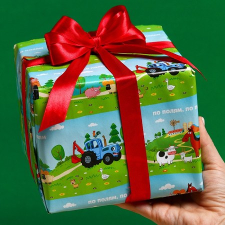 Glossy packaging paper, "in the fields", blue tractor, 70x100 cm-5