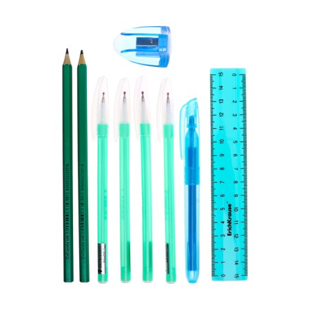 Cleaning set 10 objects (pencil case is 65 x 210 mm, pens 4 pieces Blue, ruler 15 cm, sharpener, pencil 2 pieces, textbook), turquoise-7