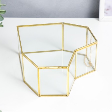 Casket glass with a metal frame "Heart with faces" gold 9.5x21x21 cm-2