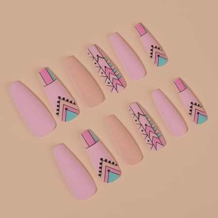 Follow Nails "Pattern", 12 pcs, with adhesive plates, ballerina shape, multi -colored-2