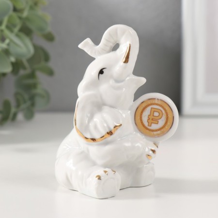 Souvenir Ceramics "Elephant with a coin - a ruble" White with gold 5.8x6.5x9.5 cm