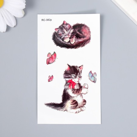 Tattoo on the body color "Cat Vaska and butterflies" 10.5x6 cm