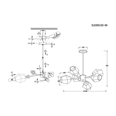 Ceiling EVOLUCE lamp. Sle205102-06. Terramo. 6x60 watts, E27, 77.5x77.5x57.5 cm, brass color, black-4