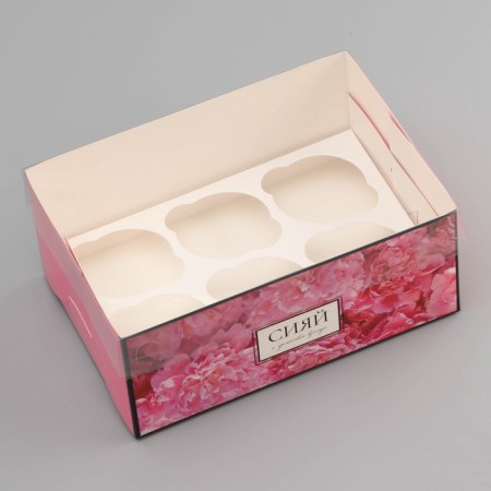 Box for 6 cupcakes with a transparent lid, "shine with happiness", 23 × 16 × 10 cm, confectionery packaging-2