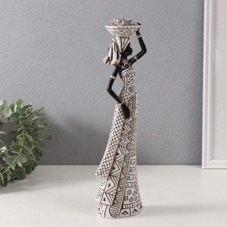 Polystone souvenir "African with a plate on her head" White with black 10.5x6.5x33 cm-1