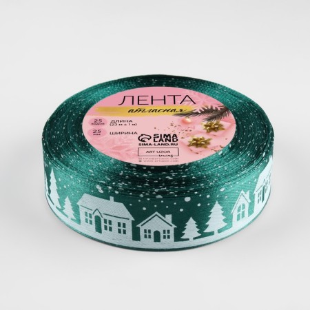 Satin tape "houses", 25 mm, 23 ± 1 m, green color No. 56-1