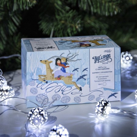 Garland “thread” 4 m with nozzles “ball with ornament”, IP20, transparent thread, 20 LED, white glow, 8 modes, 220 V-2