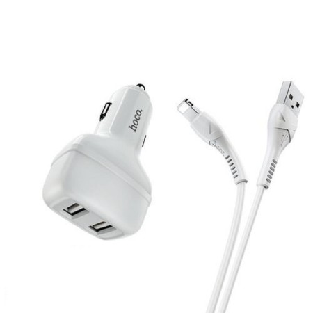 Hoco Z36, 2 USB car charger - 2.4 A, Lightning 1 m, white cable-1