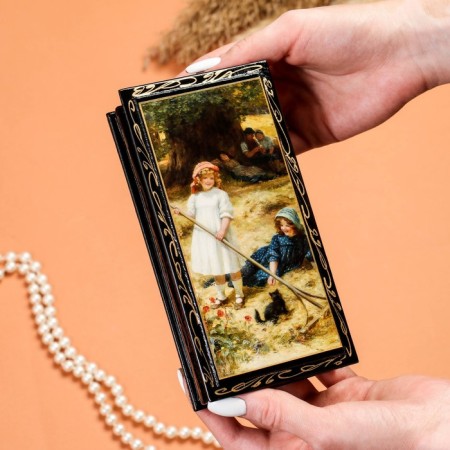 Casket - a bill "Girls with a kitten", 8.5 × 17 cm, lacquer miniature-2