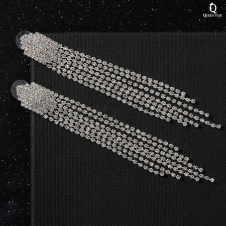 Hanging earrings with Hollywood rhinestones waterfall of threads, white color in silver, 11 cm-1