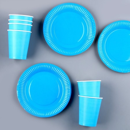 Set of paper dishes is disposable: 6 plates, 6 glasses, blue color-4