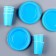 Set of paper dishes is disposable: 6 plates, 6 glasses, blue color