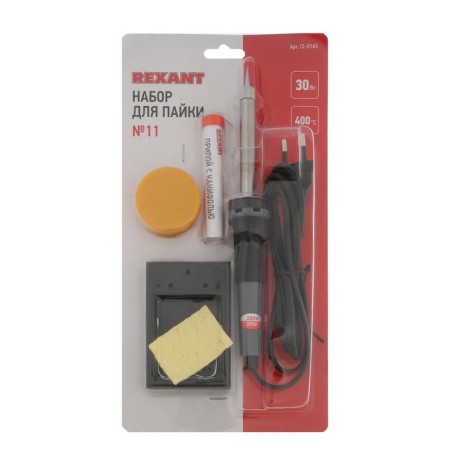 Rexant №1 soldering set, soldering iron 30 watts, stand, sponge, rosin, solder-6