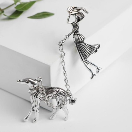Brooch "Lady" with a dog, color black silver