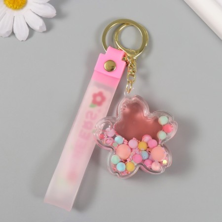 A keychain plastic with a carbine, a strap "Flower with balls" Water with decor 6x6x2 cm-3