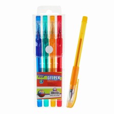 A set of gel pens, 4 colors, metallic, with sparkles, with a rubber holder, mix, in a blister on the button