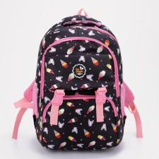 A backpack, a lightning department, 2 outer pockets, 2 side pockets, black color