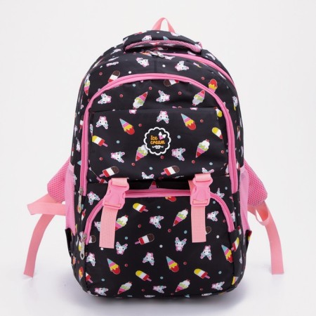 A backpack, a lightning department, 2 outer pockets, 2 side pockets, black color