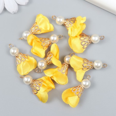 Decor for creativity Textile "Flower with pearls. Yellow" set 10 pcs 2.5 cm-2