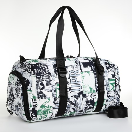 Sports bag with lightning, 2 pockets, long belt, white/green color