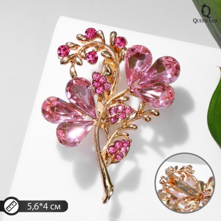 Brooch "Flower" Trilister, pink color in gold