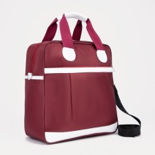 Board Road on a zipper, an outer pocket, a suitcase holder, burgundy/white color