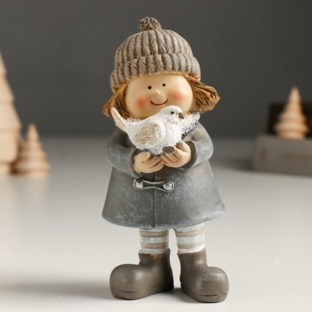 Polystone souvenir "Baby in a gray coat with a bird/flashlight" MIX 5x6x14 cm-1