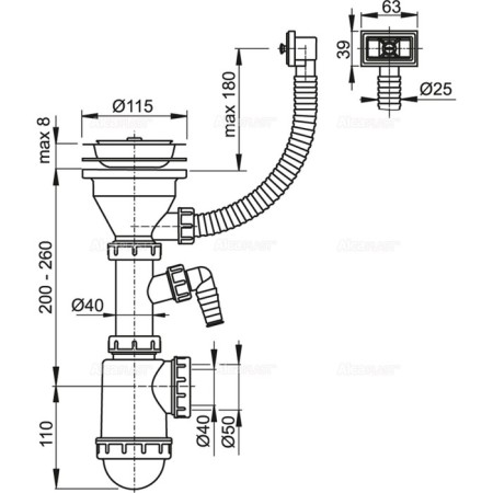 ALCAPLAST A447P-DN50/40 siphon siphon, with a stainless steel grille. became DN115mm, corrugation and fitting 5075-1