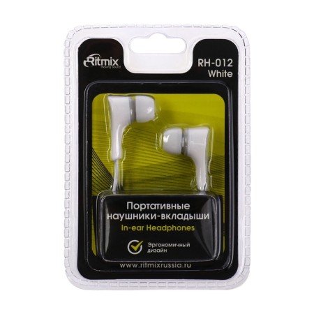 Ritmix RH-012 headphones, vacuum, 100 dB, 32 Ohm, 3.5 mm, 1.2 m, white