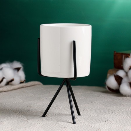 Kashpo "cylinder" white, on a black stand, 15x8x8cm-1