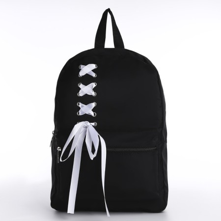 School textile school backpack with a white ribbon, 38x29x11 cm, black color, lightning department-1