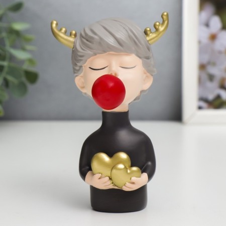 Souvenir Polystone "Girl with deer horns with red bubble, with hearts" 12x7x9 cm