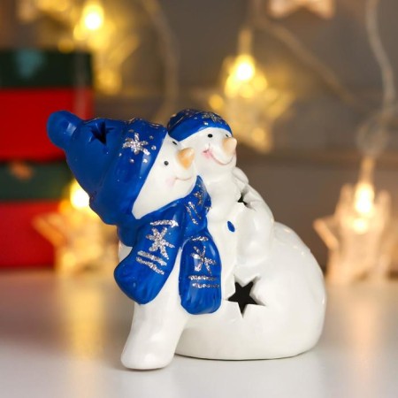 Souvenir Ceramics Light "Snowmen, blue caps and scarves" 10x12x8 cm-2
