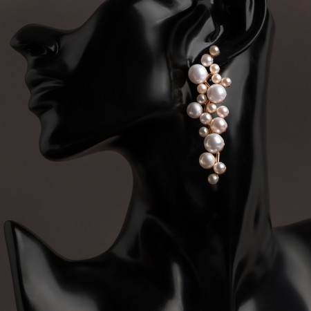 Earrings with pearls "jasmine" branch with pearls, white color in gold