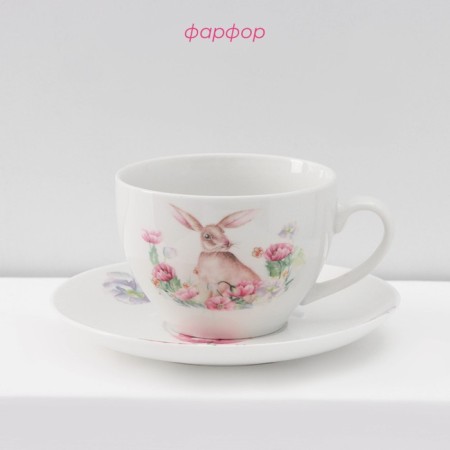 Service porcelain tea shade "Bunny", 12 objects: 6 cups 250 ml, 6 saucer d = 15 cm, white color-1