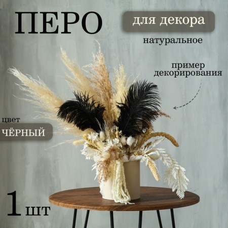 Feather for decor, size: 25-30 cm, black color