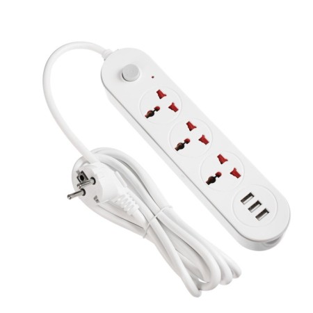 Extension cord Luazon Lighting, 3 sockets, 3 m, 10 A, 2200 W, 2x0.75 mm2, 3xUSB, with excavation, b-1