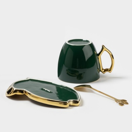 Tea couple ceramic "Livona", 3 objects: a cup of 200 ml, a saucer d = 14 cm, spoon, emerald color-4