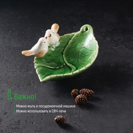 Ceramic dish "Birds on a leaf", 19 × 13 × 4 cm, green color-3
