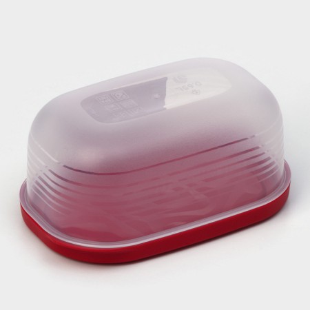 The container is plastic with the lid Flexo, 0.65 l, the color is red-3