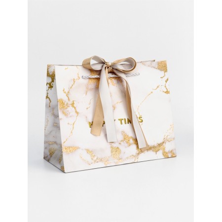 Gift laminated "marble", white, with a bow, 25 x 20 x 12 cm
