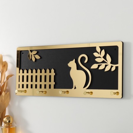 Hooks decorative wood "cat at the fence" black, mirror 3.1x34x14.4 cm-1