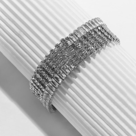 Bracelet with rhinestones "Illusion" asymmetry, white color in silver-2
