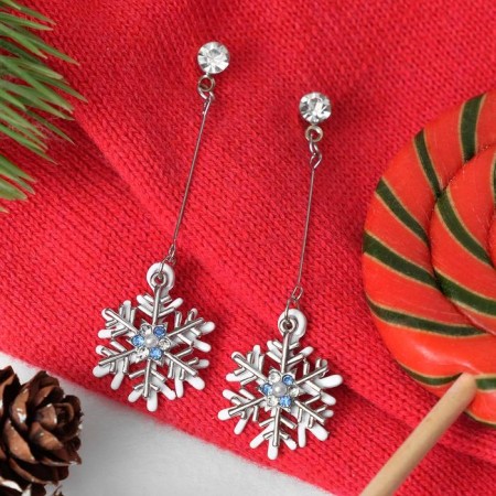 Earrings "New Year" two snowflakes, the color of the white blue in silver