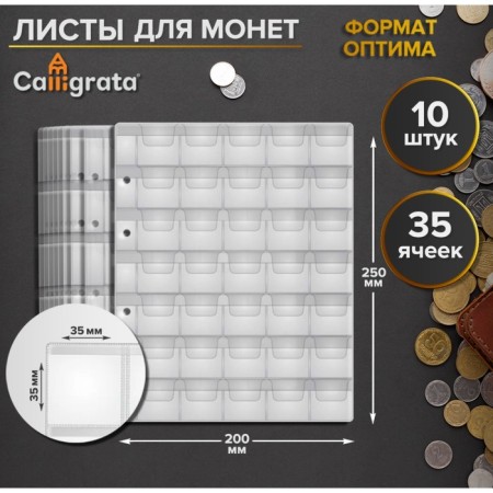 Set of coins sheets, Optima format, 10 sheets 200 x 250 mm, 35 x 35 mm cells 35 x 35 mm
