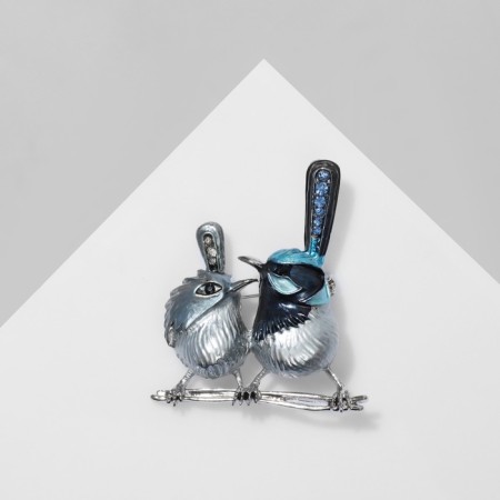 Brooch "Birds" a couple, colored in silver